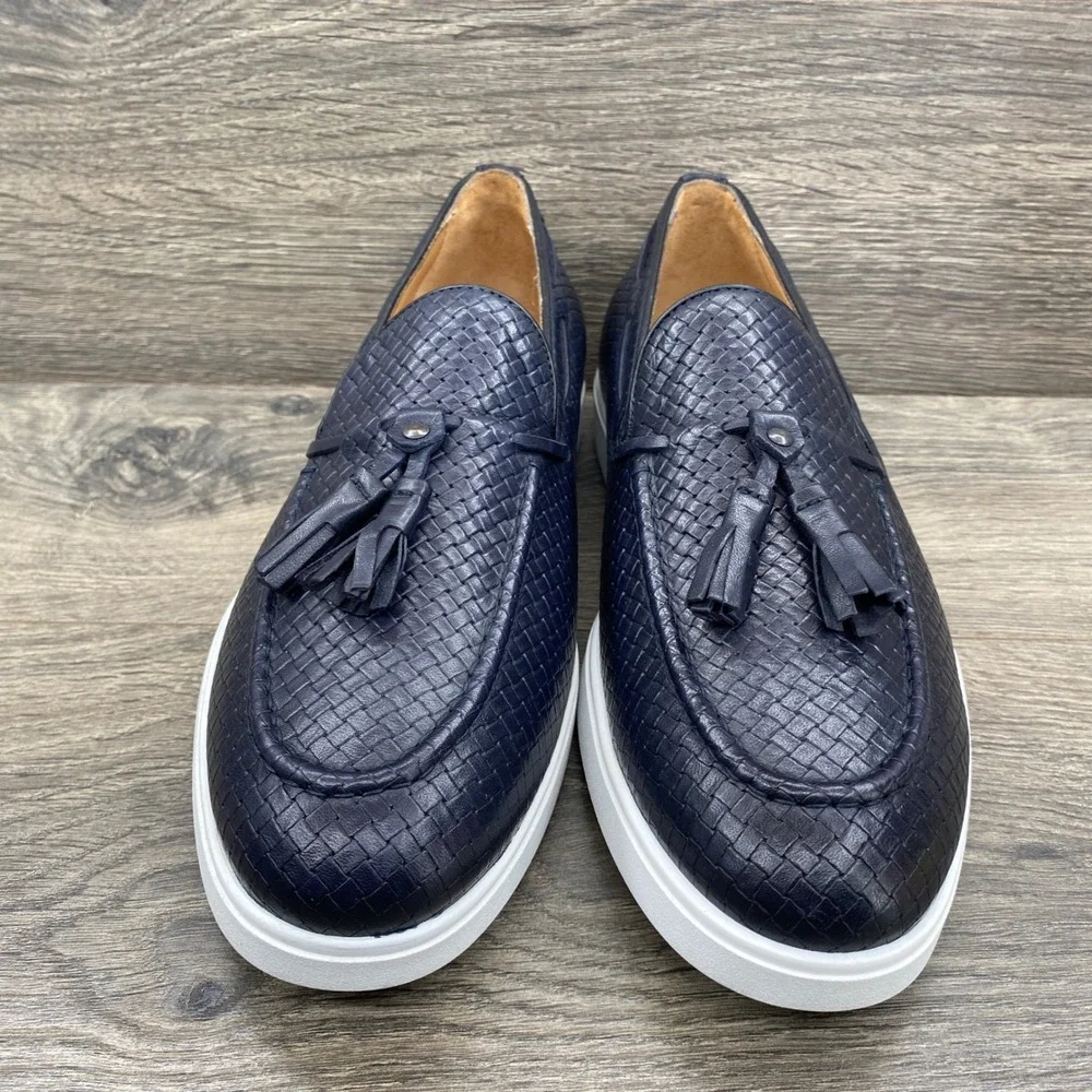 Soldini Woven Leather Tassel Loafers Mens 42 Navy Blue Made in Italy 22306-2-VF1